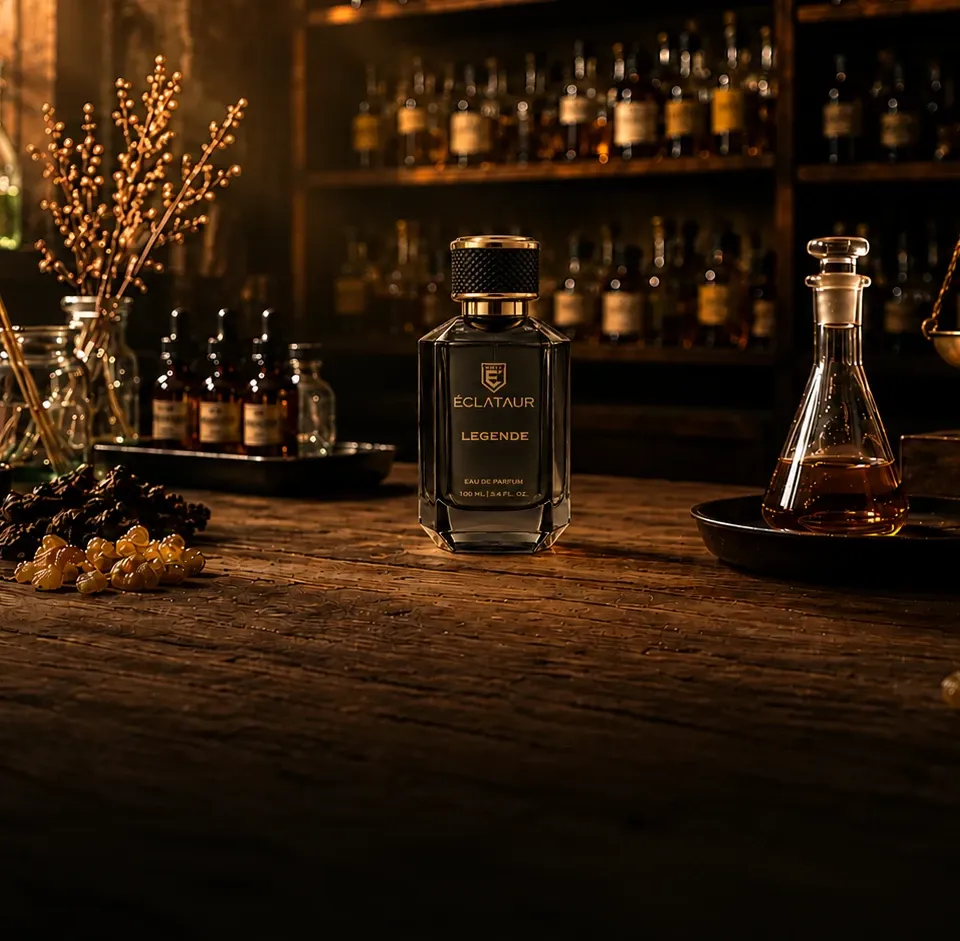 LEGENDE among brass scales, glassware and fragrance materials in an atelier scene