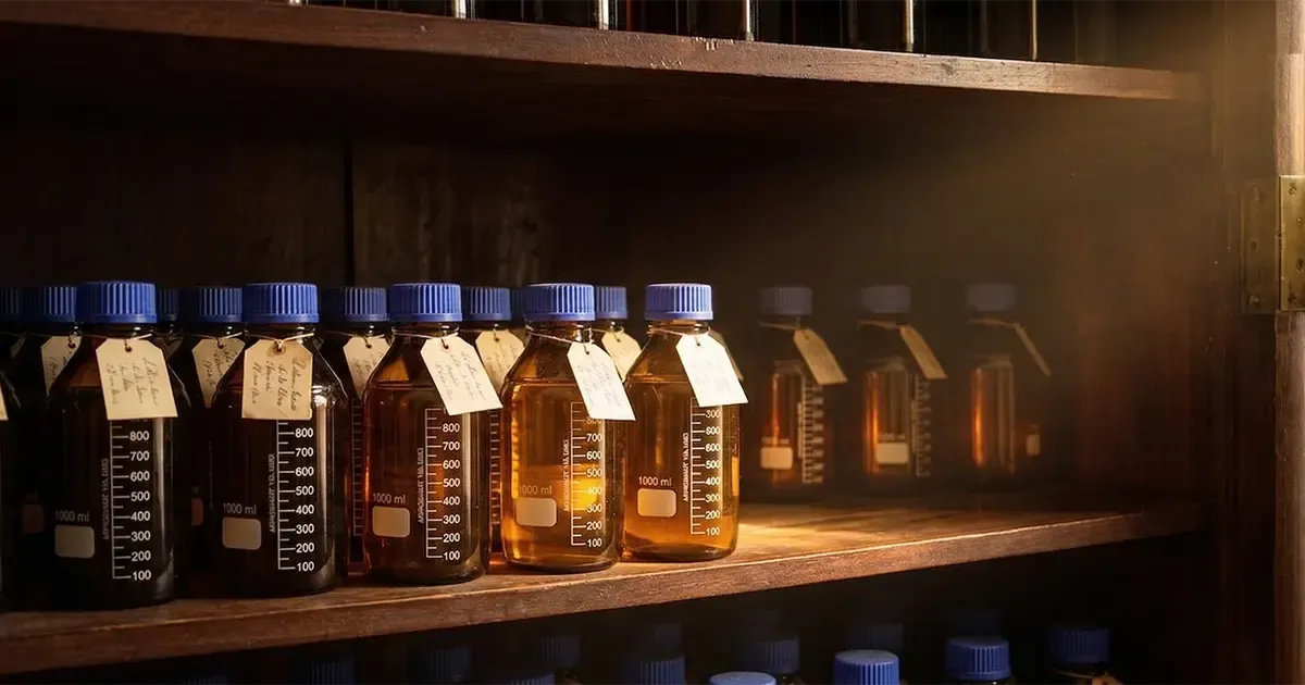 Working solutions resting in labelled amber glass in the atelier cabinet