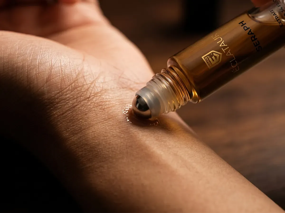 Macro close-up of an ÉCLATAUR extrait roll-on applicator with oil catching light