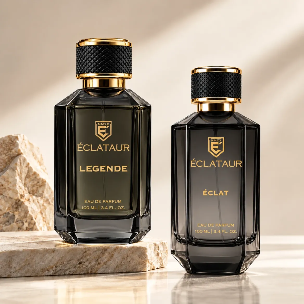 LEGENDE and ÉCLAT bottles on pale stone, illustrating a pair of perfumes