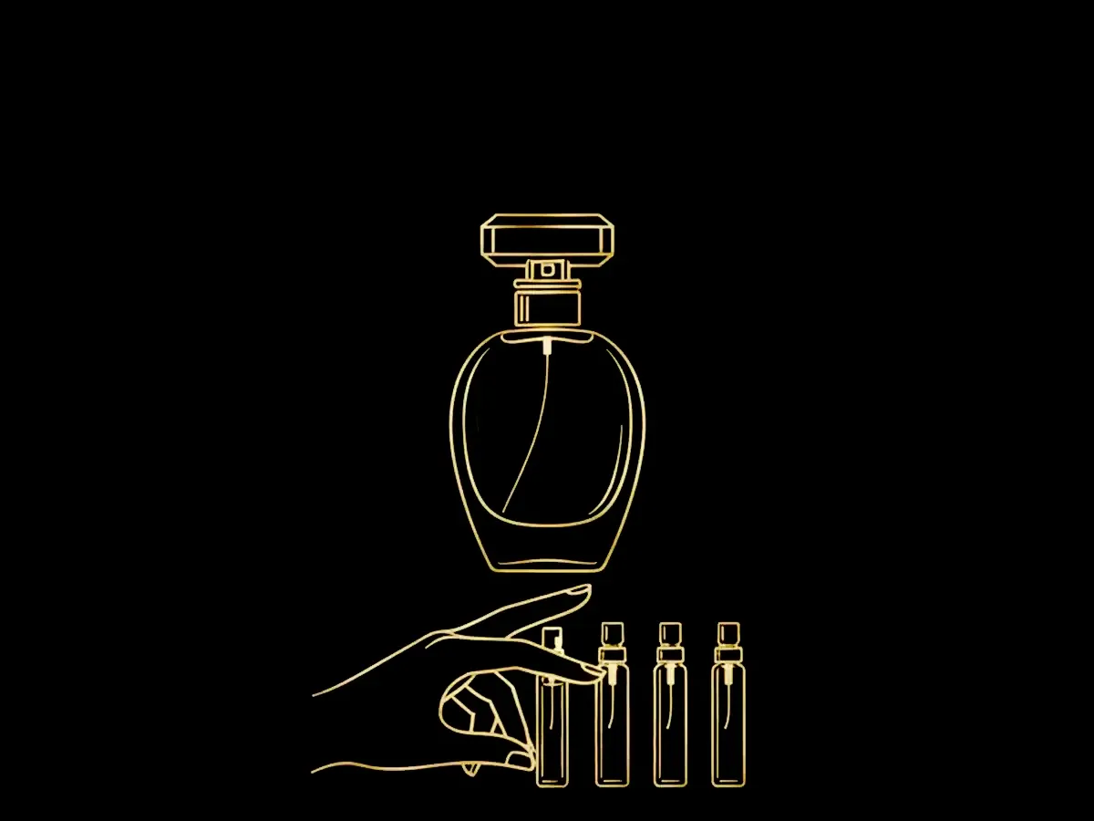 Line drawing of a hand choosing between five tester vials beneath a perfume bottle