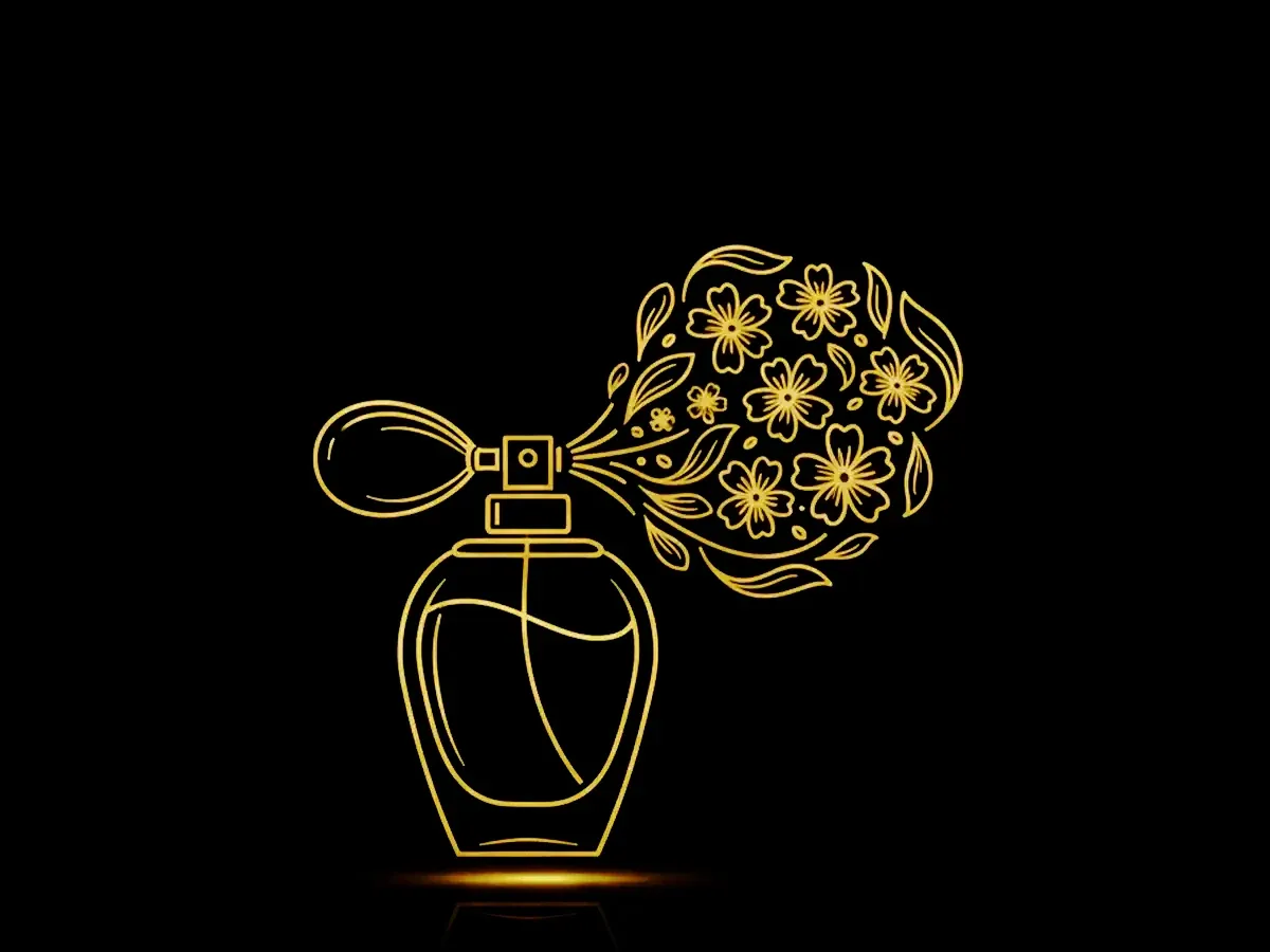 Line drawing of an atomiser releasing a bloom of flowers