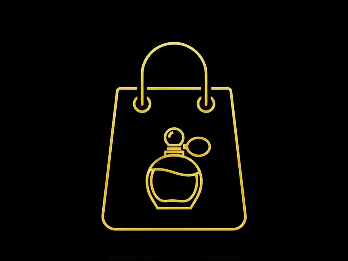 Line drawing of a perfume bottle inside a shopping bag