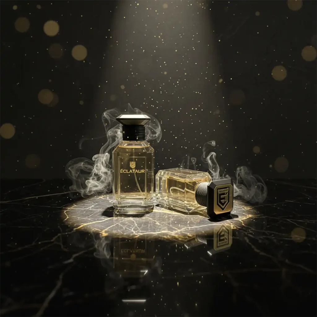 eclataur-handcrafted-luxury-perfumes-crafted-in-usa-fragrance-redefined-1 Two ÉCLATAUR luxury perfume bottles on a dark surface under soft spotlight — handcrafted niche fragrance from Texas