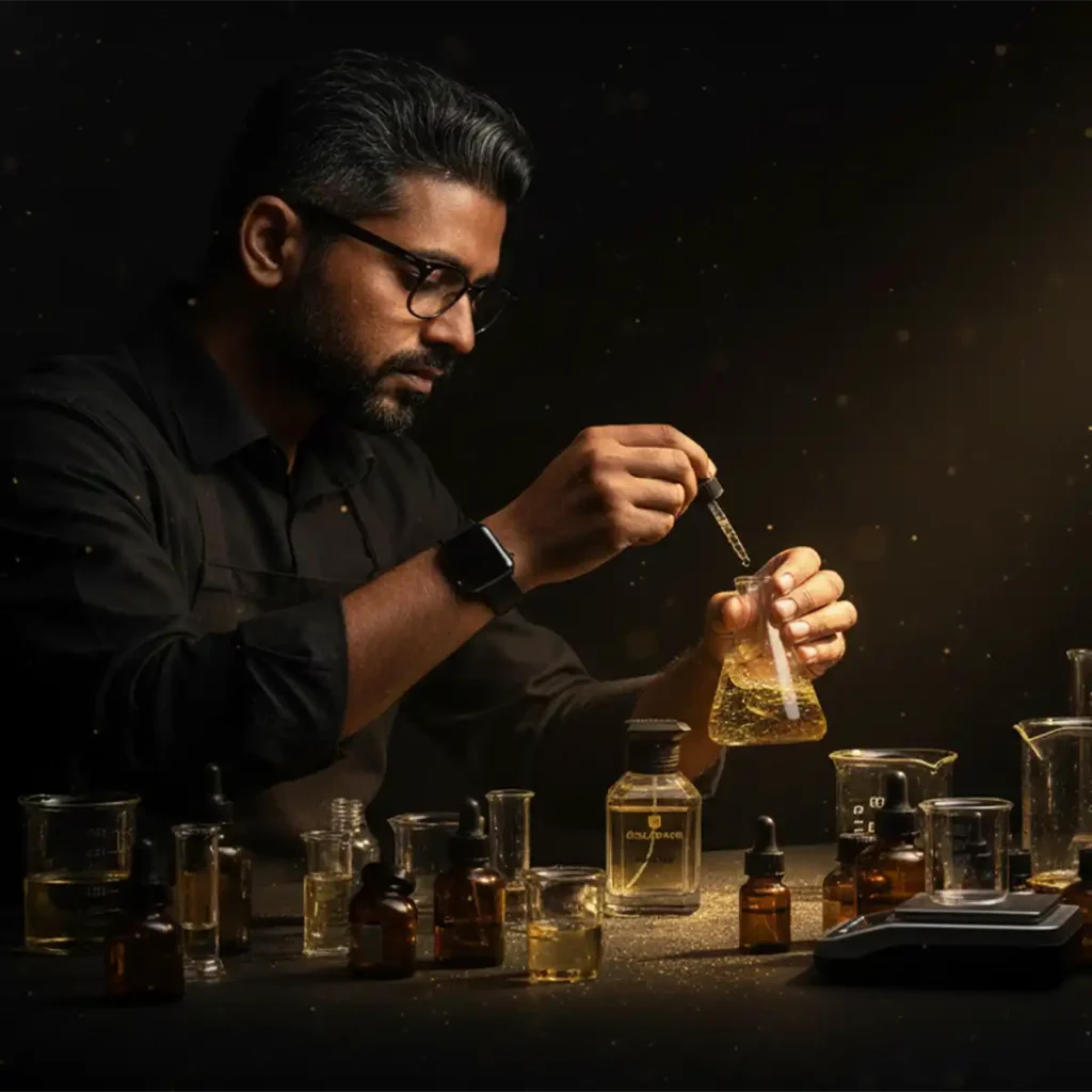 eclataur-luxury-perfume-fragrance-redefined-handcrafted-in-usa-Luxuary-perfume-craftmanship ÉCLATAUR hand-blending small batch niche perfume in Texas studio with calibrated scale, conical flasks and pipettes