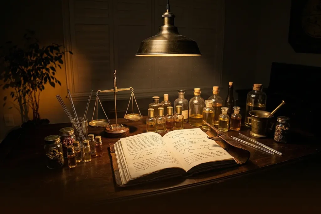 A handwritten ÉCLATAUR formulation ledger about 30 day maceration perfume open on a walnut desk in warm window light